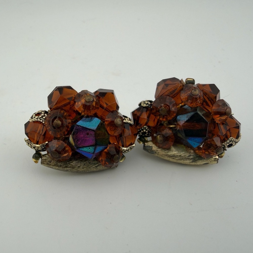West Germany Clip On Earrings Amber Brown Excellent‎ Vintage Glass Cluster